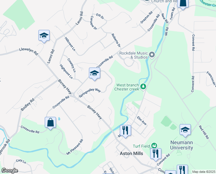 map of restaurants, bars, coffee shops, grocery stores, and more near 202 Spring Valley Way in Aston