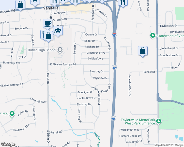 map of restaurants, bars, coffee shops, grocery stores, and more near 424 Blue Jay Drive in Vandalia