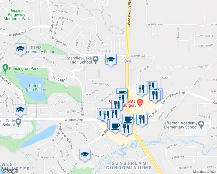 map of restaurants, bars, coffee shops, grocery stores, and more near 9044 West 103rd Avenue in Westminster