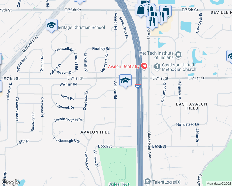 map of restaurants, bars, coffee shops, grocery stores, and more near 7001 Johnson Road in Indianapolis