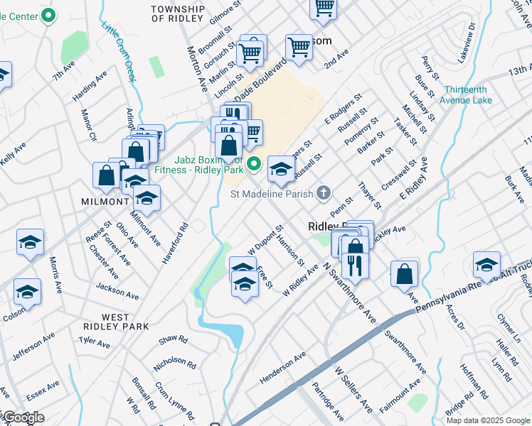 map of restaurants, bars, coffee shops, grocery stores, and more near 515 Harrison Street in Ridley Park
