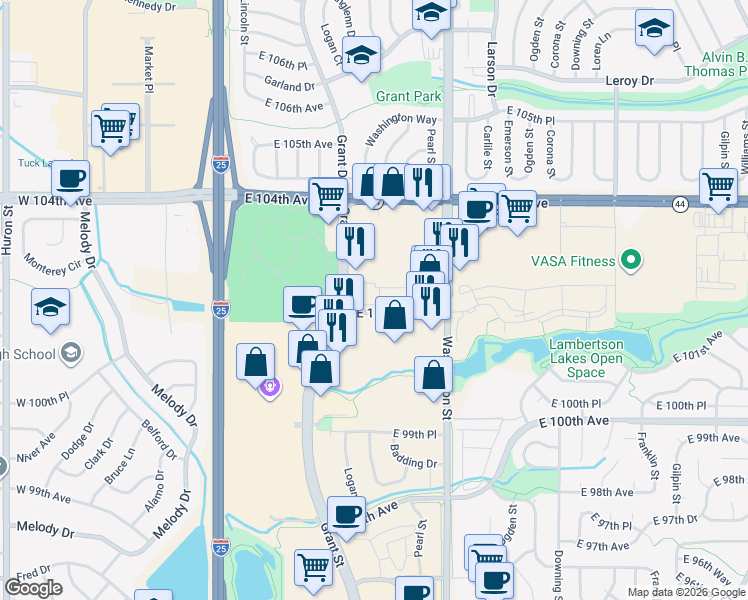 map of restaurants, bars, coffee shops, grocery stores, and more near 501 East 102nd Avenue in Thornton