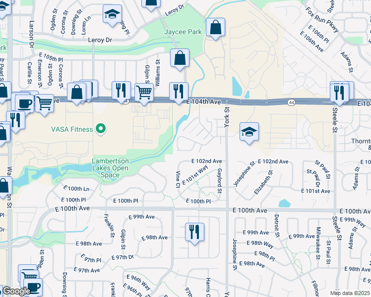 map of restaurants, bars, coffee shops, grocery stores, and more near 1997 East 102nd Circle in Thornton