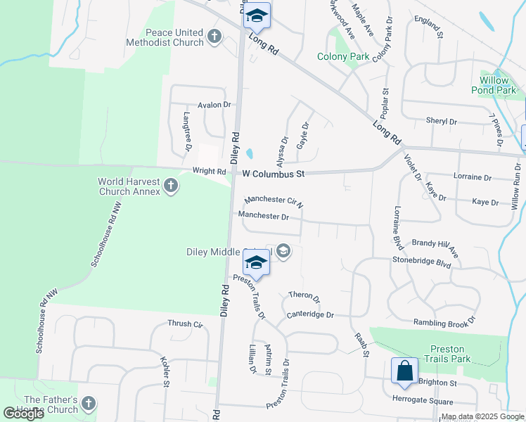 map of restaurants, bars, coffee shops, grocery stores, and more near 740 Manchester Drive in Pickerington