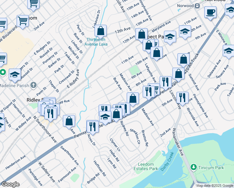 map of restaurants, bars, coffee shops, grocery stores, and more near 511 Johnson Avenue in Ridley Park