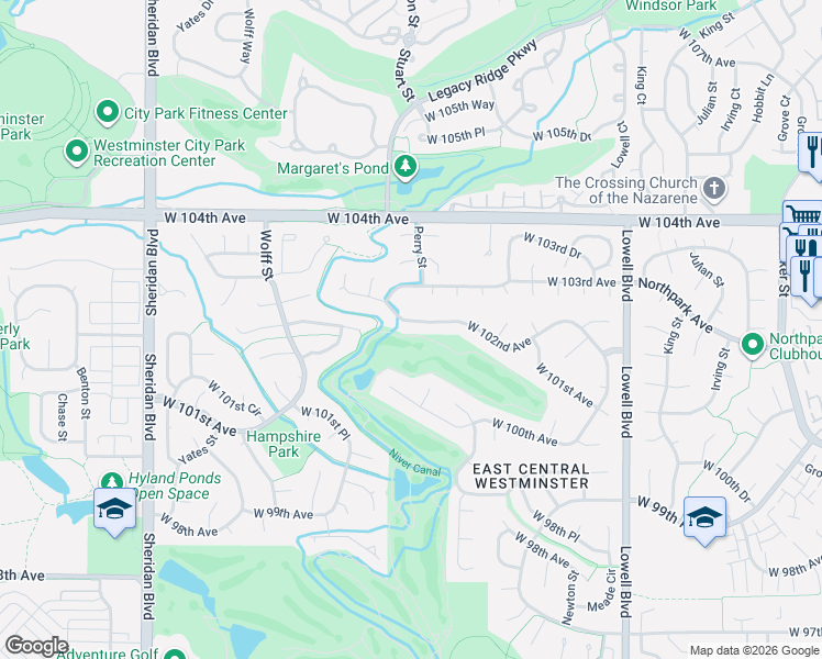 map of restaurants, bars, coffee shops, grocery stores, and more near 4050 West 102nd Avenue in Westminster