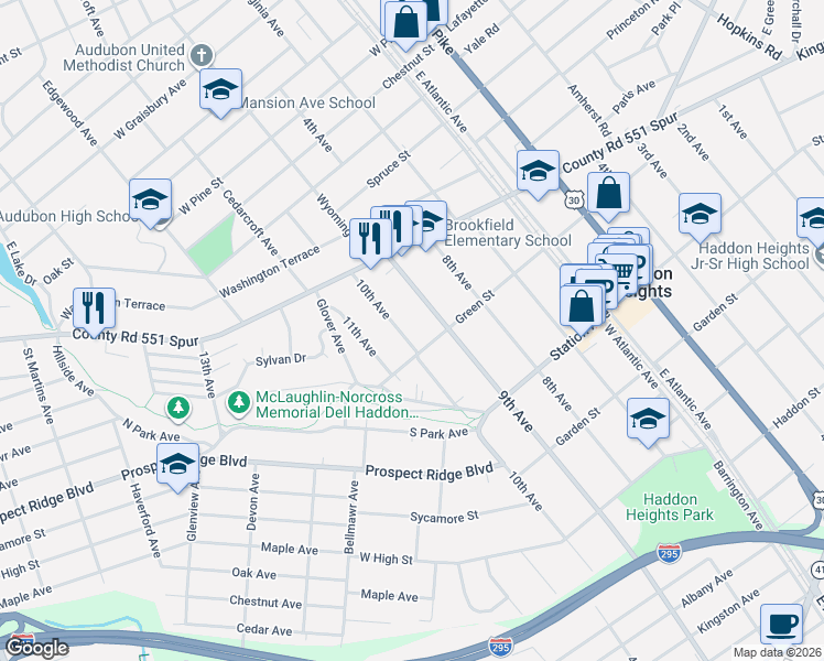 map of restaurants, bars, coffee shops, grocery stores, and more near 33 10th Avenue in Haddon Heights