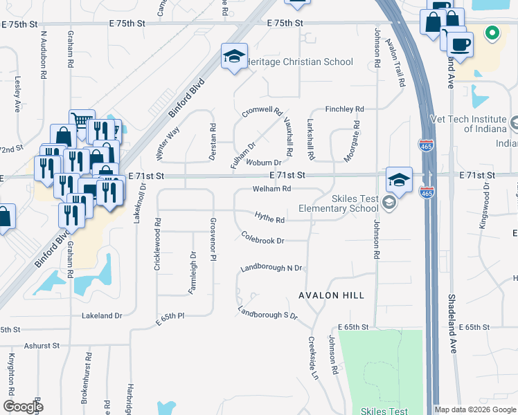 map of restaurants, bars, coffee shops, grocery stores, and more near 6314 Hythe Road in Indianapolis