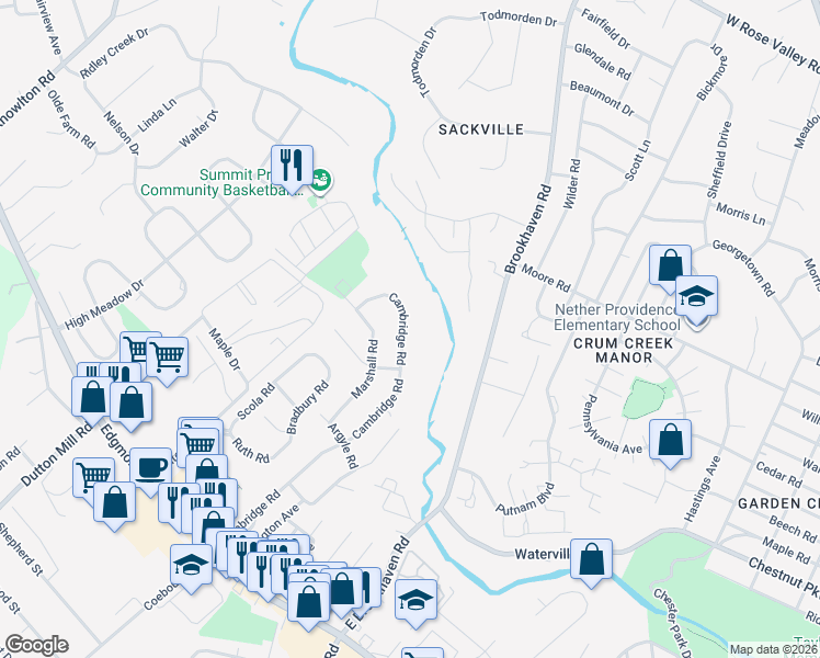 map of restaurants, bars, coffee shops, grocery stores, and more near 710 Cambridge Road in Brookhaven