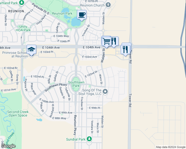 map of restaurants, bars, coffee shops, grocery stores, and more near 10195 Ventura Street in Commerce City