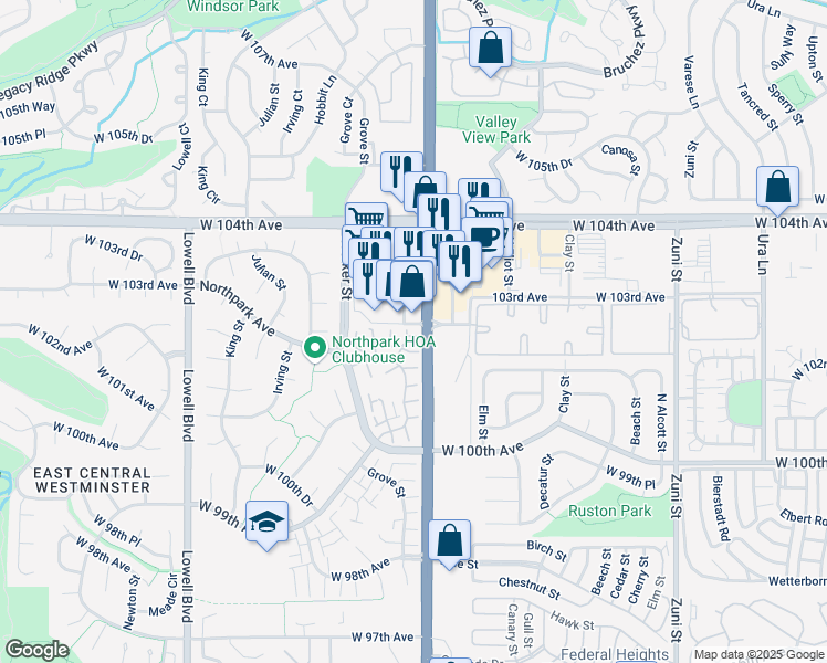 map of restaurants, bars, coffee shops, grocery stores, and more near 10192 Green Court in Westminster