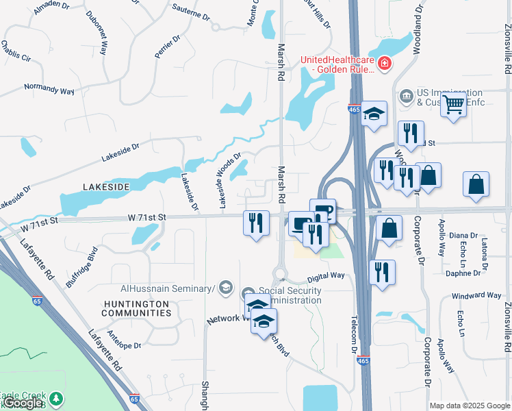 map of restaurants, bars, coffee shops, grocery stores, and more near 6524 West 71st Street in Indianapolis