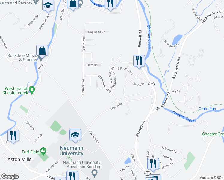 map of restaurants, bars, coffee shops, grocery stores, and more near 119 Knollwood Court in Aston