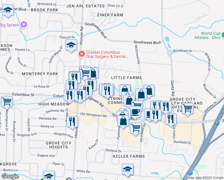 map of restaurants, bars, coffee shops, grocery stores, and more near 3924 Parkmead Drive in Grove City