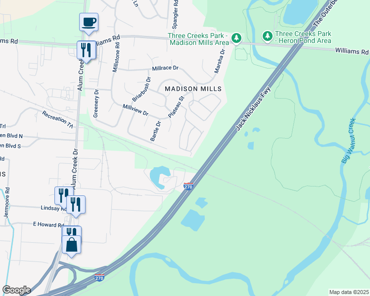 map of restaurants, bars, coffee shops, grocery stores, and more near 4273 Code Place in Columbus
