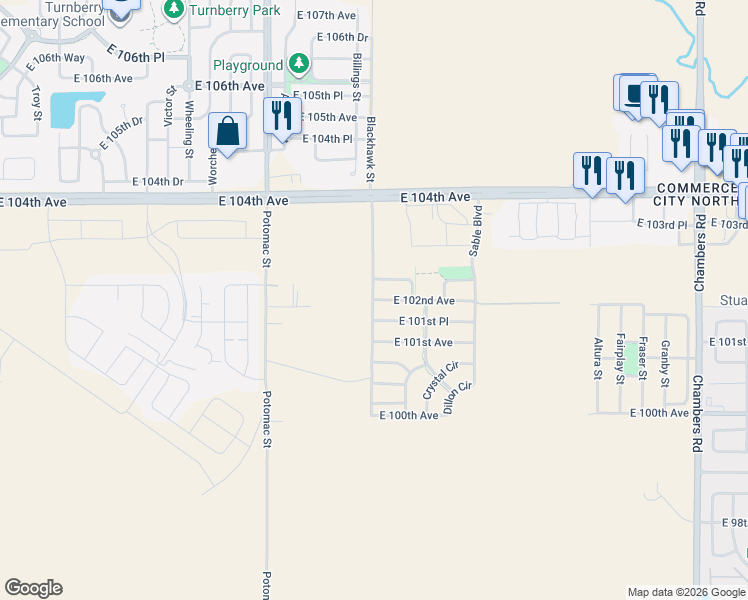 map of restaurants, bars, coffee shops, grocery stores, and more near 14121 East 102nd Avenue in Commerce City