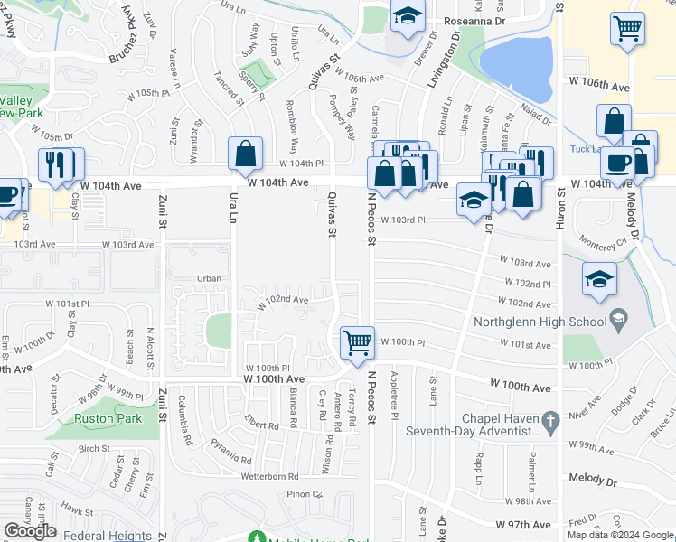 map of restaurants, bars, coffee shops, grocery stores, and more near 10282 Quivas Street in Denver