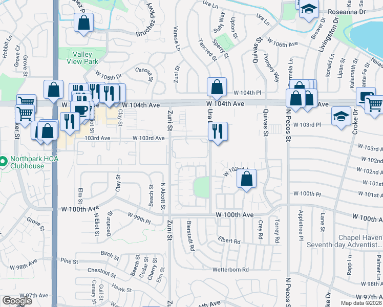 map of restaurants, bars, coffee shops, grocery stores, and more near 10211 Ura Lane in Thornton