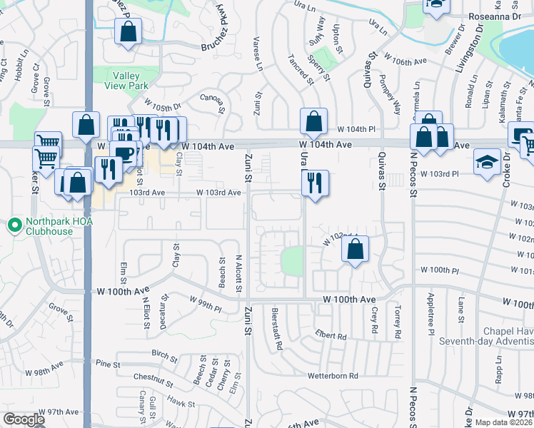 map of restaurants, bars, coffee shops, grocery stores, and more near 10211 Ura Lane in Thornton