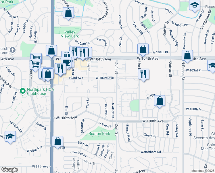 map of restaurants, bars, coffee shops, grocery stores, and more near 10251 Zuni Street in Federal Heights