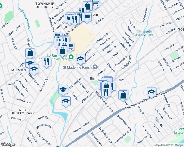 map of restaurants, bars, coffee shops, grocery stores, and more near 501 Tome Street in Ridley Park