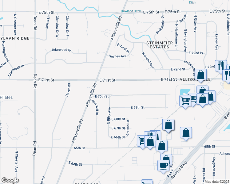 map of restaurants, bars, coffee shops, grocery stores, and more near 4928 East 70th Street in Indianapolis