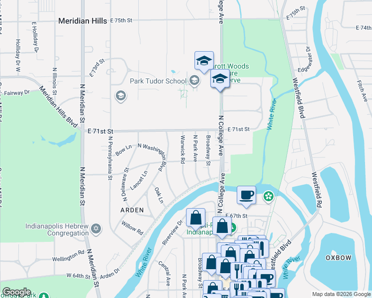 map of restaurants, bars, coffee shops, grocery stores, and more near 7036 Warwick Road in Indianapolis