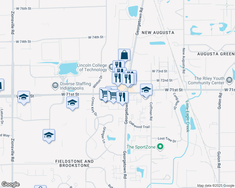 map of restaurants, bars, coffee shops, grocery stores, and more near 5020 W 71st St in Indianapolis