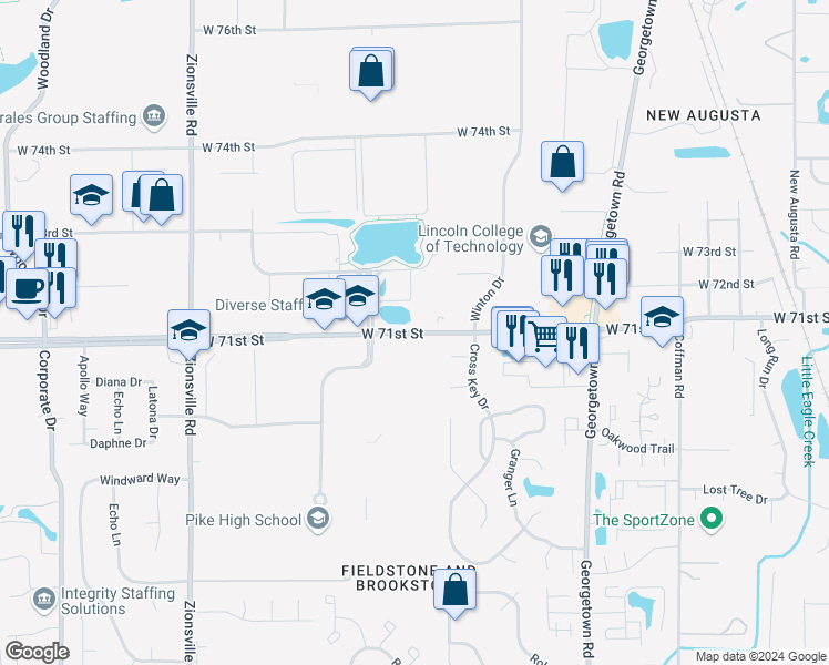 map of restaurants, bars, coffee shops, grocery stores, and more near 5114 West 71st Street in Indianapolis