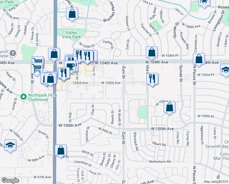 map of restaurants, bars, coffee shops, grocery stores, and more near 10351 Zuni Street in Denver