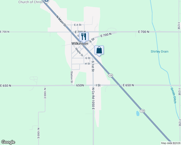 map of restaurants, bars, coffee shops, grocery stores, and more near 572 South 1st Street in Wilkinson