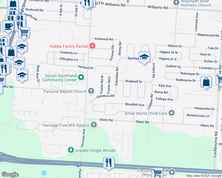 map of restaurants, bars, coffee shops, grocery stores, and more near 3916 Frazier Road North in Columbus
