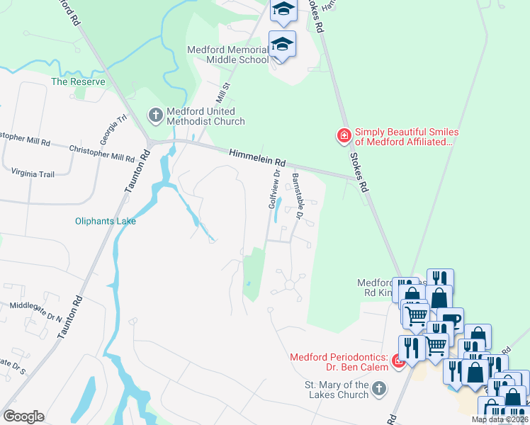 map of restaurants, bars, coffee shops, grocery stores, and more near 14 Golfview Drive in Medford