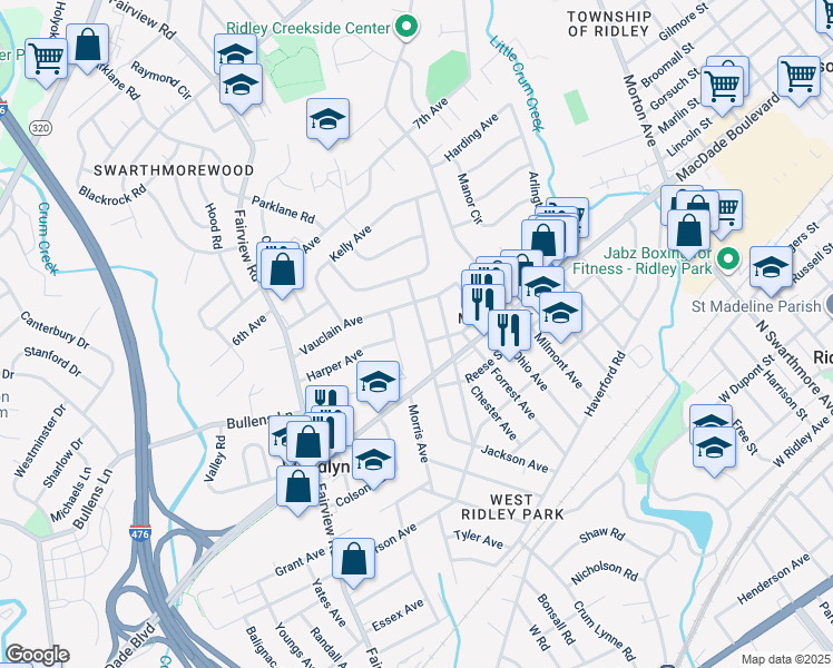 map of restaurants, bars, coffee shops, grocery stores, and more near 405 Kossuth Avenue in Woodlyn
