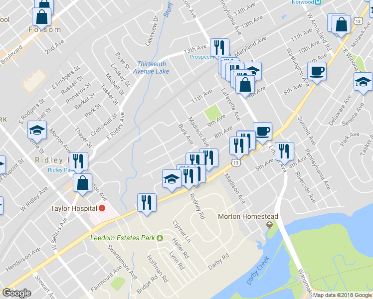 map of restaurants, bars, coffee shops, grocery stores, and more near 513 Johnson Avenue in Ridley Park