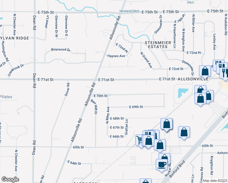 map of restaurants, bars, coffee shops, grocery stores, and more near 4928 East 70th Street in Indianapolis