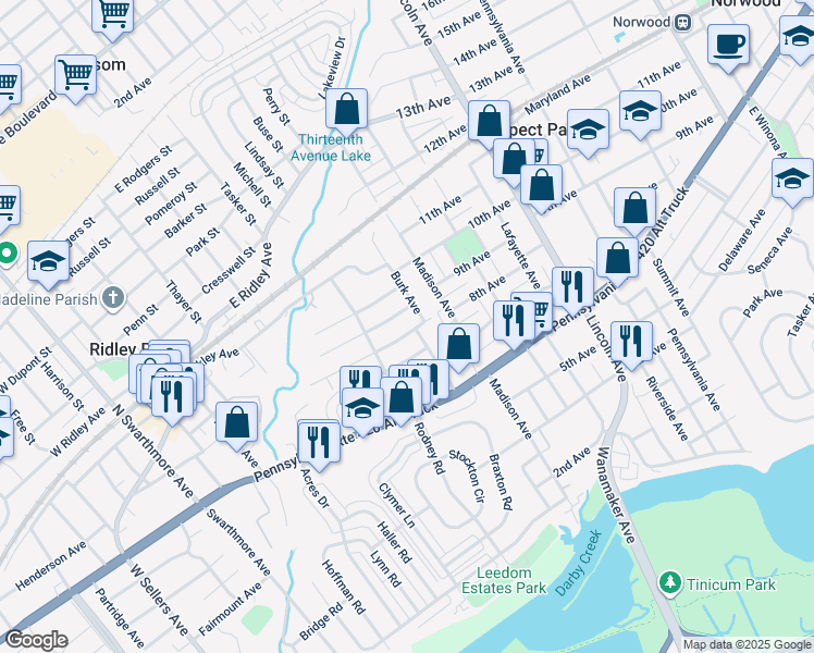 map of restaurants, bars, coffee shops, grocery stores, and more near 513 Johnson Avenue in Ridley Park