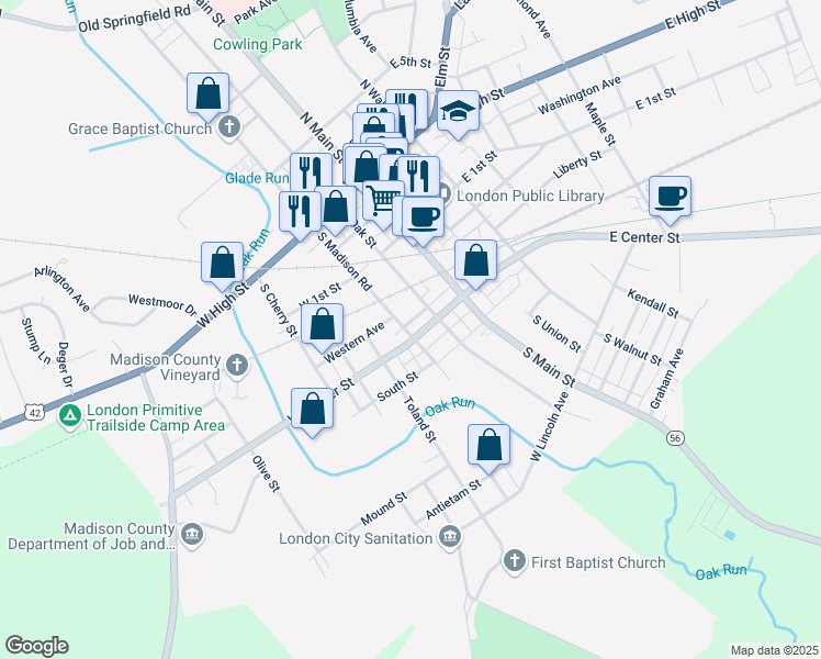 map of restaurants, bars, coffee shops, grocery stores, and more near 65 West Center Street in London
