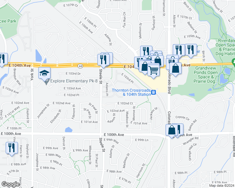 map of restaurants, bars, coffee shops, grocery stores, and more near 3242 East 102nd Place in Thornton