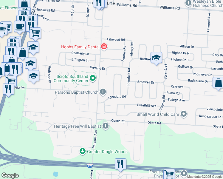 map of restaurants, bars, coffee shops, grocery stores, and more near 3911 Frazier Road North in Columbus