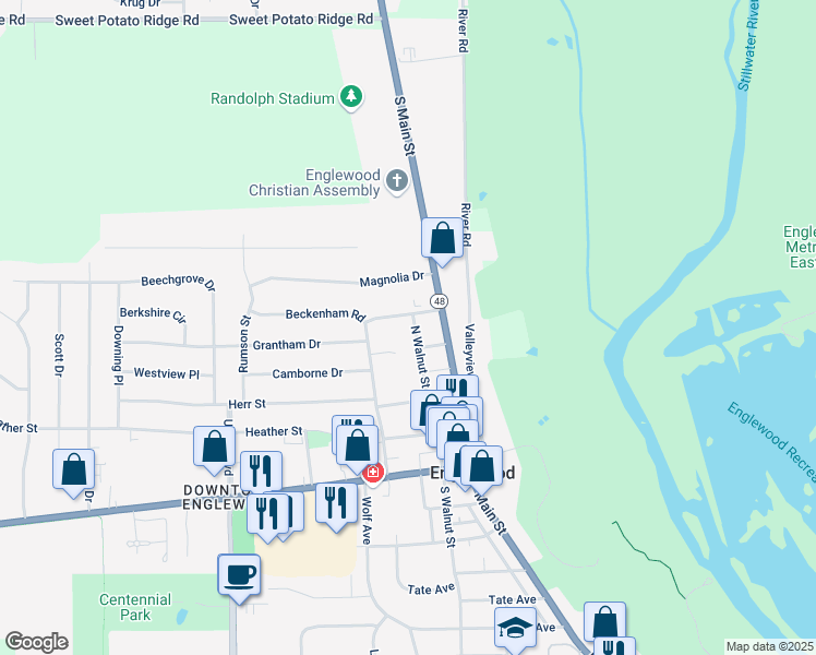 map of restaurants, bars, coffee shops, grocery stores, and more near 307 North Walnut Street in Englewood