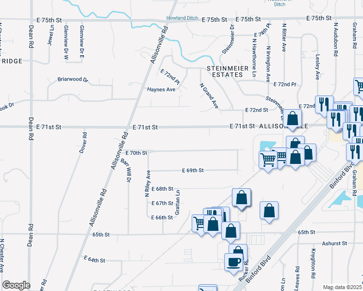 map of restaurants, bars, coffee shops, grocery stores, and more near 5016 East 70th Street in Indianapolis