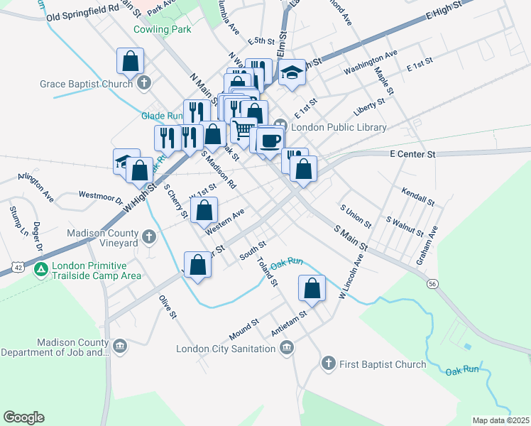 map of restaurants, bars, coffee shops, grocery stores, and more near 65 W Center St in London