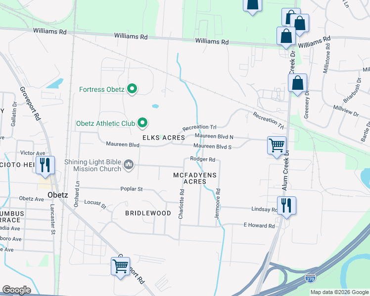 map of restaurants, bars, coffee shops, grocery stores, and more near 2209 Maureen Boulevard South in Obetz