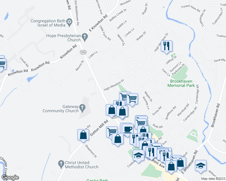 map of restaurants, bars, coffee shops, grocery stores, and more near 29 Meadowbrook Lane in Media
