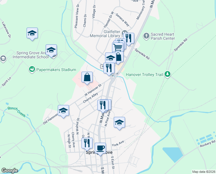 map of restaurants, bars, coffee shops, grocery stores, and more near 350 Hanover Road in Spring Grove