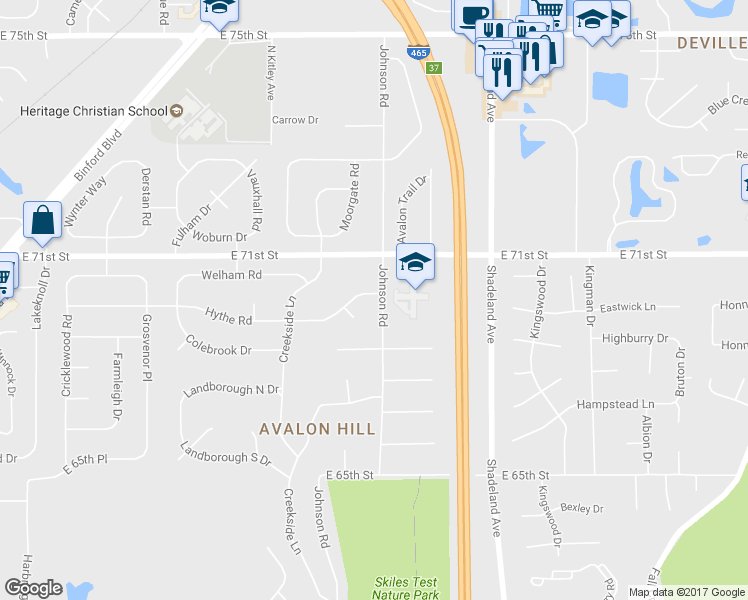map of restaurants, bars, coffee shops, grocery stores, and more near 6715 Hythe Road in Indianapolis