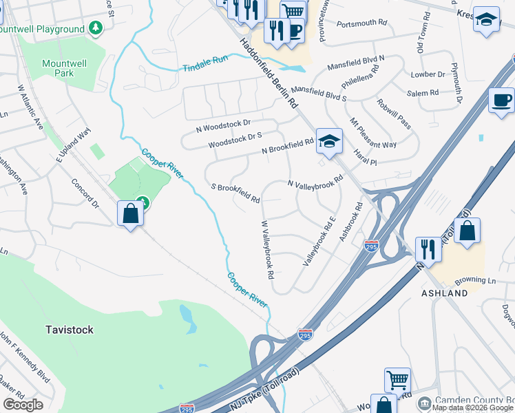 map of restaurants, bars, coffee shops, grocery stores, and more near 1101 West Valleybrook Road in Cherry Hill