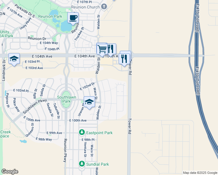 map of restaurants, bars, coffee shops, grocery stores, and more near 10219 Yampa Street in Commerce City