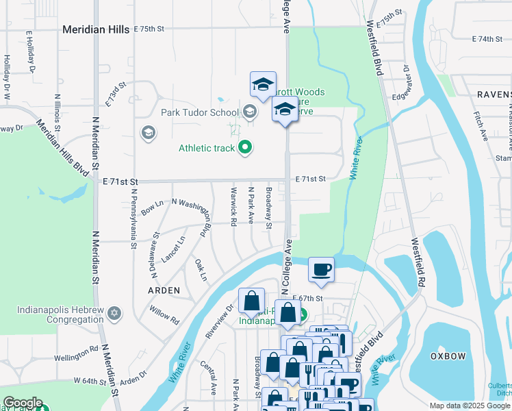 map of restaurants, bars, coffee shops, grocery stores, and more near 7027 North Park Avenue in Indianapolis